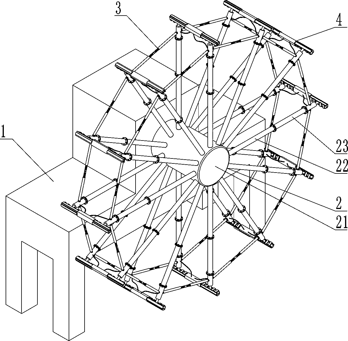 一种大直径钢管自动调圆工装,它包括支撑座,支撑盘,连接杆和矫正装置