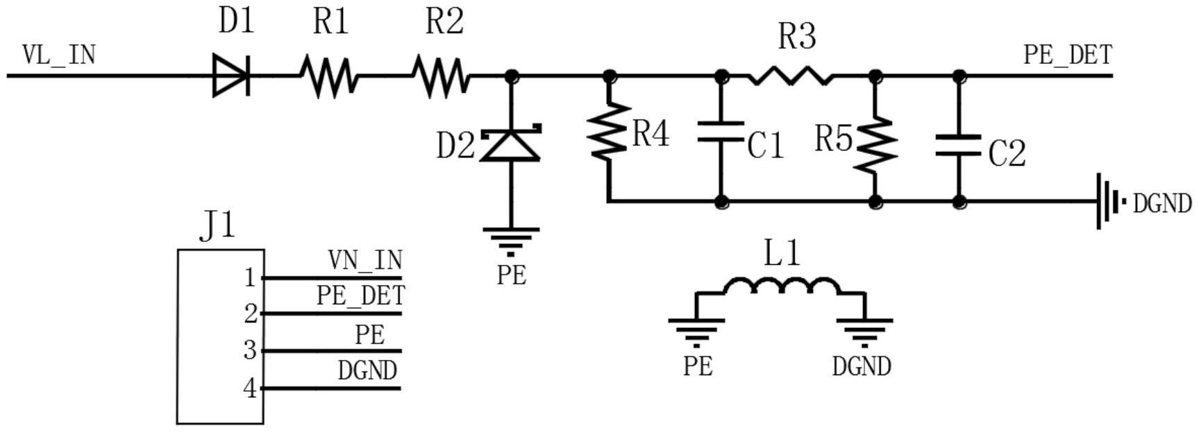 端,稳压二极管d2的输出端,电压检测芯片j1的pe端和熔断器l1均连接地线