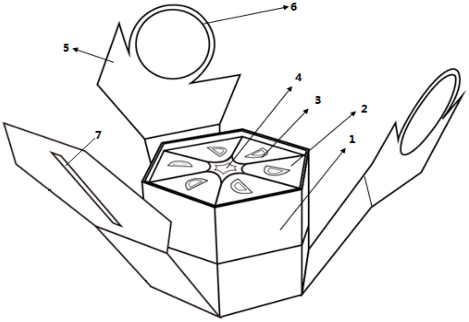 单层盒体的内部放置有六个上底面带有半圆形提手的三棱柱状包装盒单体