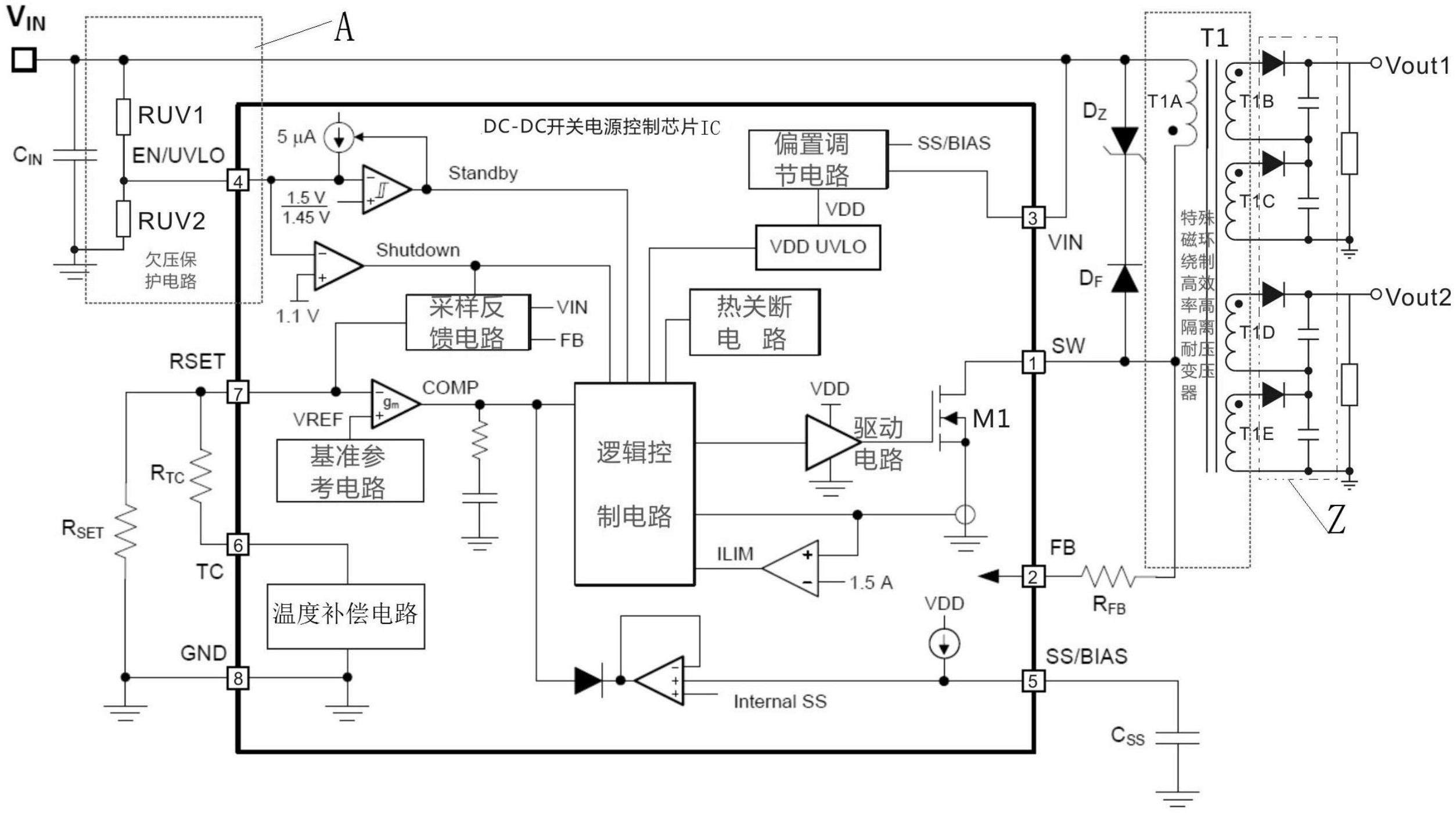 dc62dc开关电源控制芯片分别与隔离变压器,输入欠压保护电路相连
