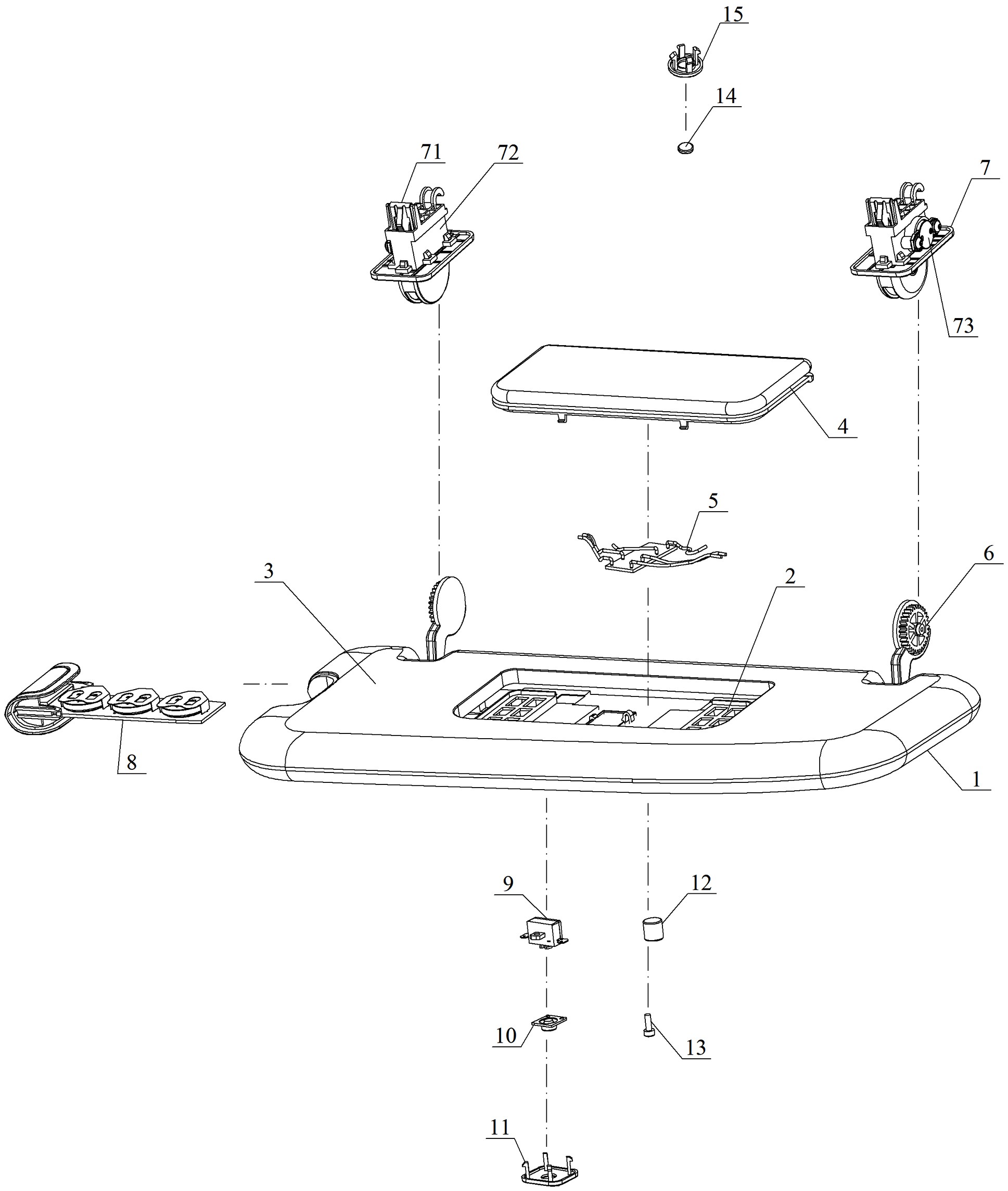 所述的汽车遮阳板包括通过翻转阻尼结构与汽车的顶棚连接的遮阳板总成
