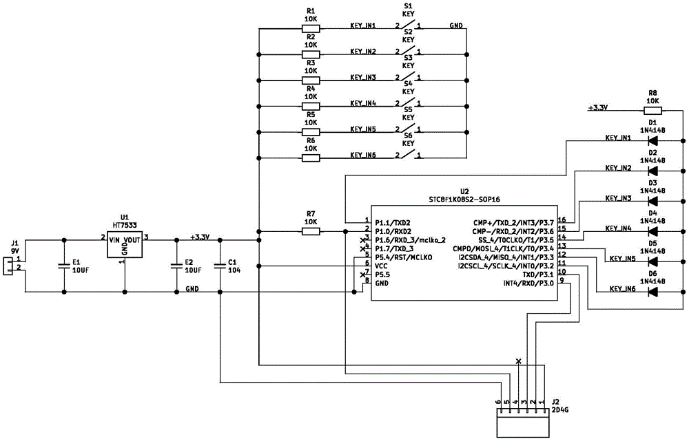 4g无线通讯模块,按键识别电路和电源单元,所述单片机为stc8f1k0852sop