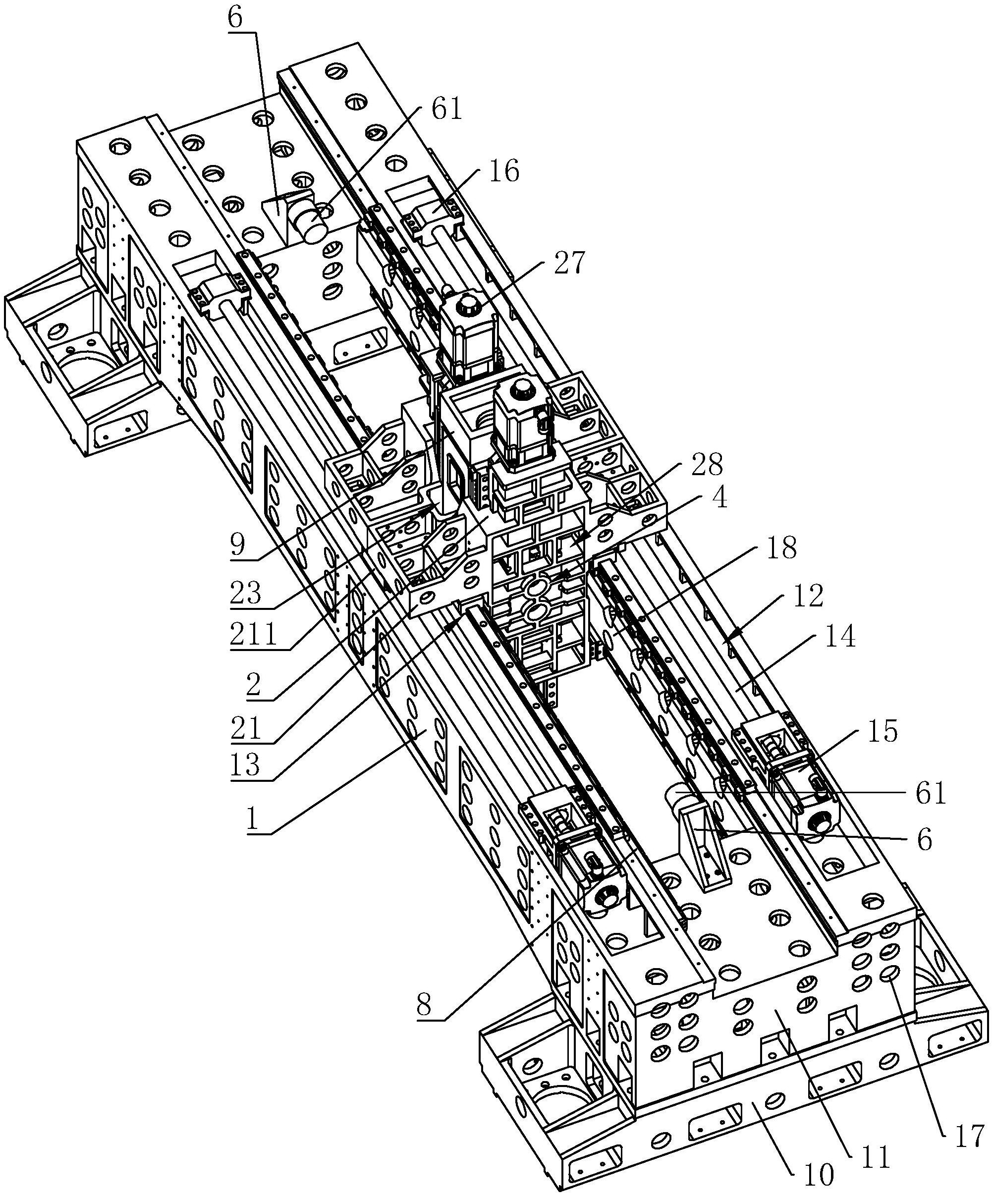 整体式双横梁龙门铣床的横移系统及其内嵌滑枕固定结构