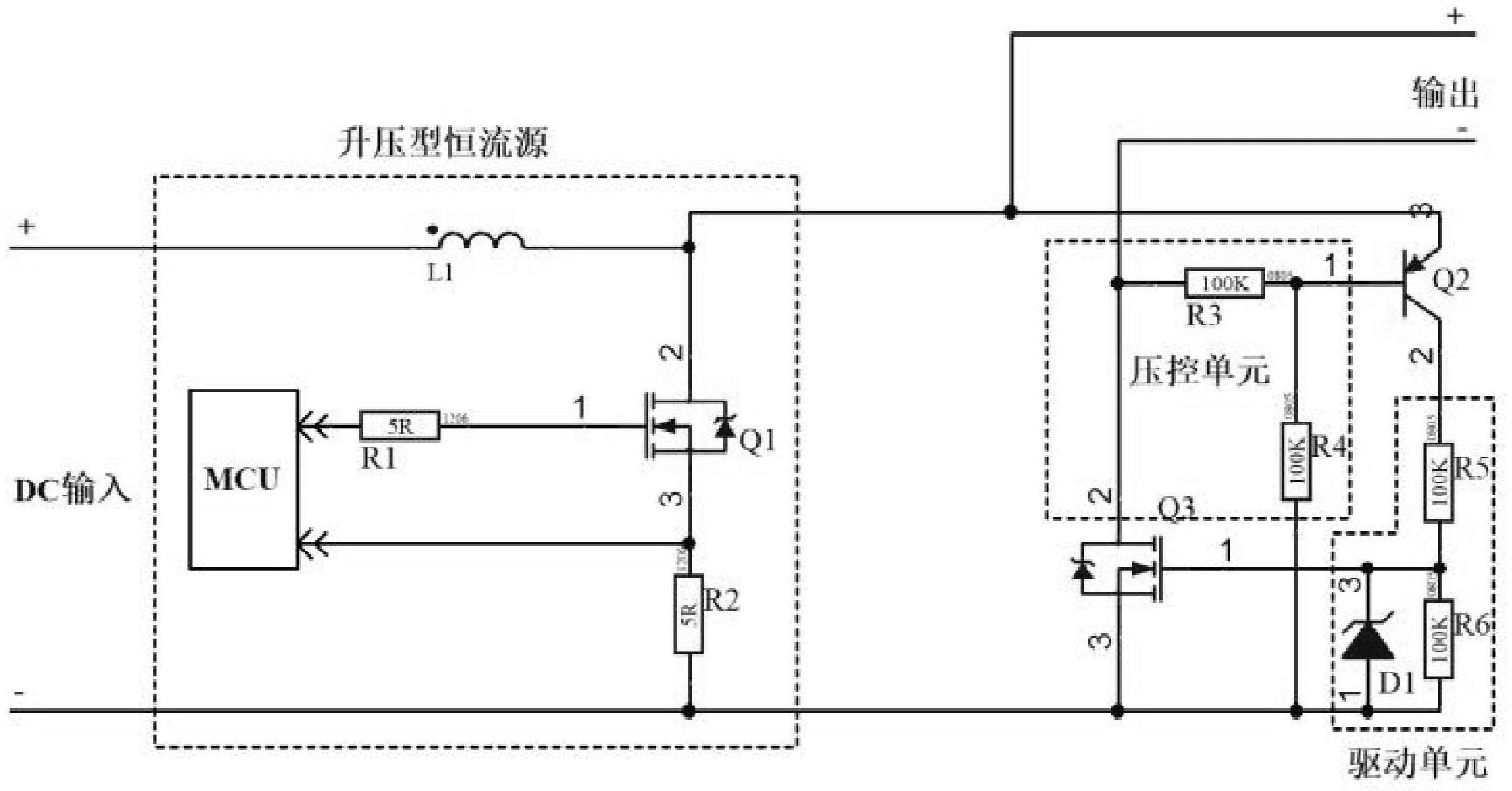 本實用新型公開了一種壓控型led升壓恆流源短路保護電路,包括連正負極