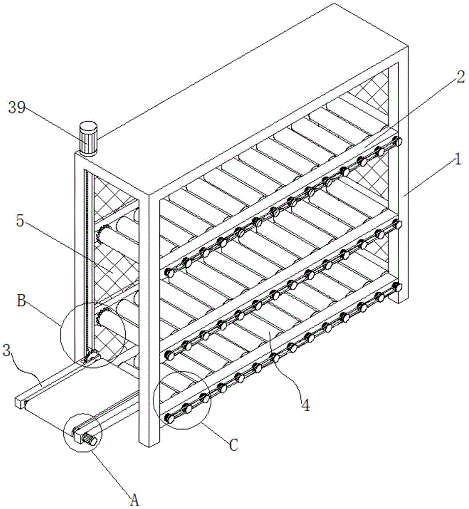 包括仓储货架主体,架框,上下抬料组件,传动放置组件和隔板,仓储货架
