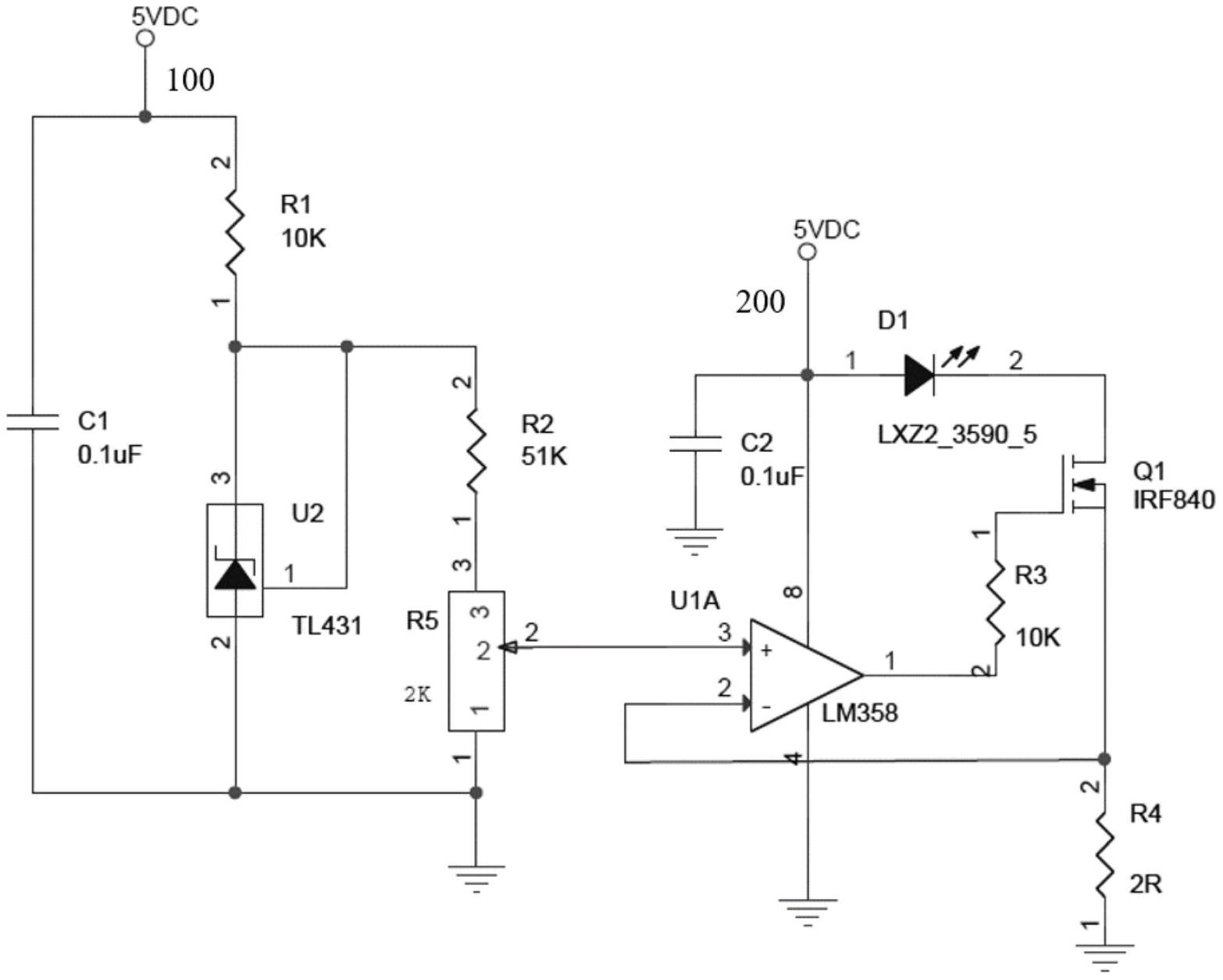 可调式恒流led控制电路包括第一直流电源,第二直流电源,基准电压控制