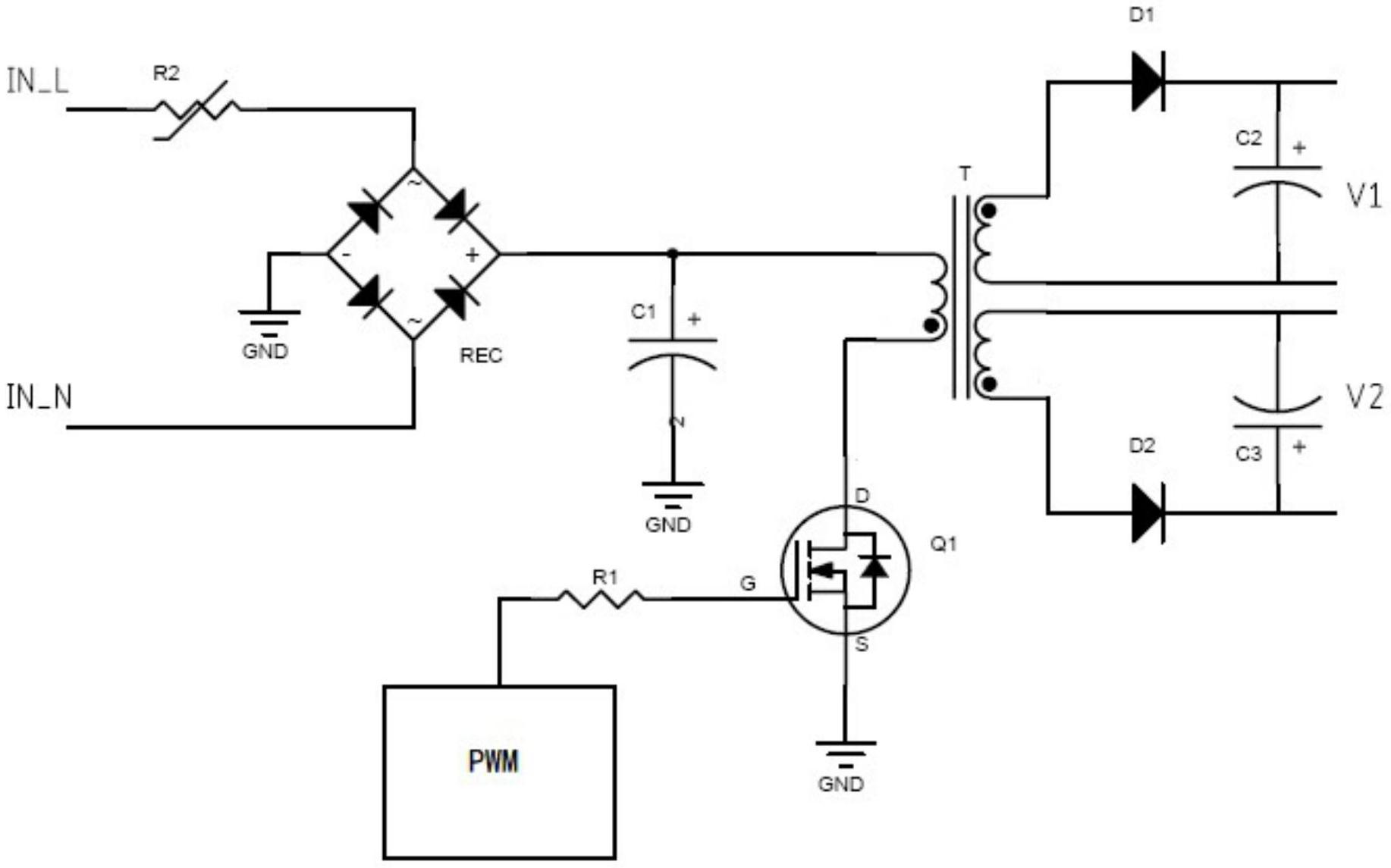 第一濾波電容,用於對整流後的直流電濾波;變壓器,變壓器包括初級繞組