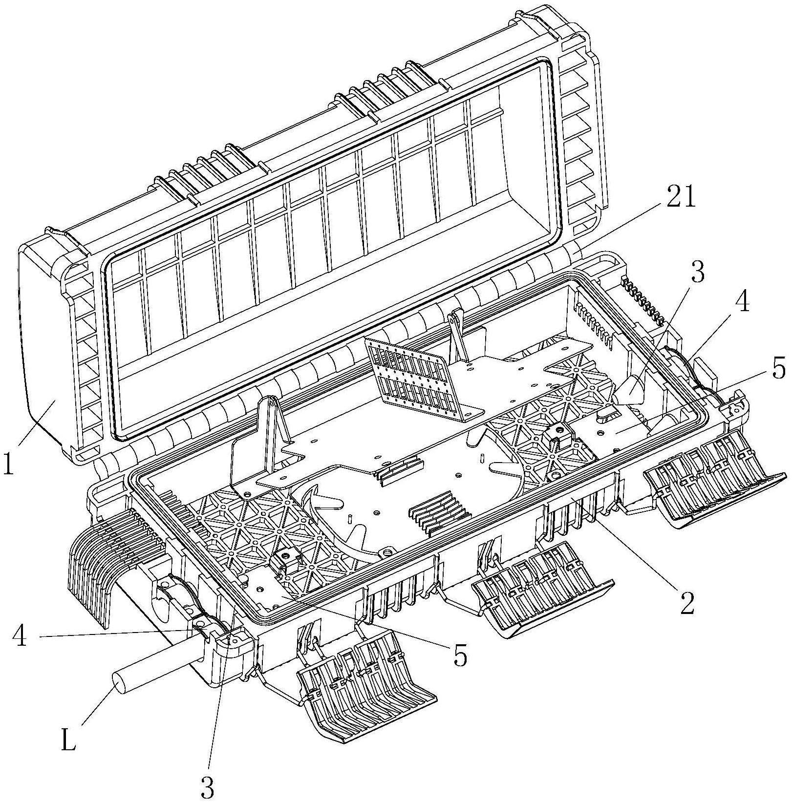 盒底的侧壁上固定自适应密封光缆的光缆密封件;光缆密封件呈块状结构