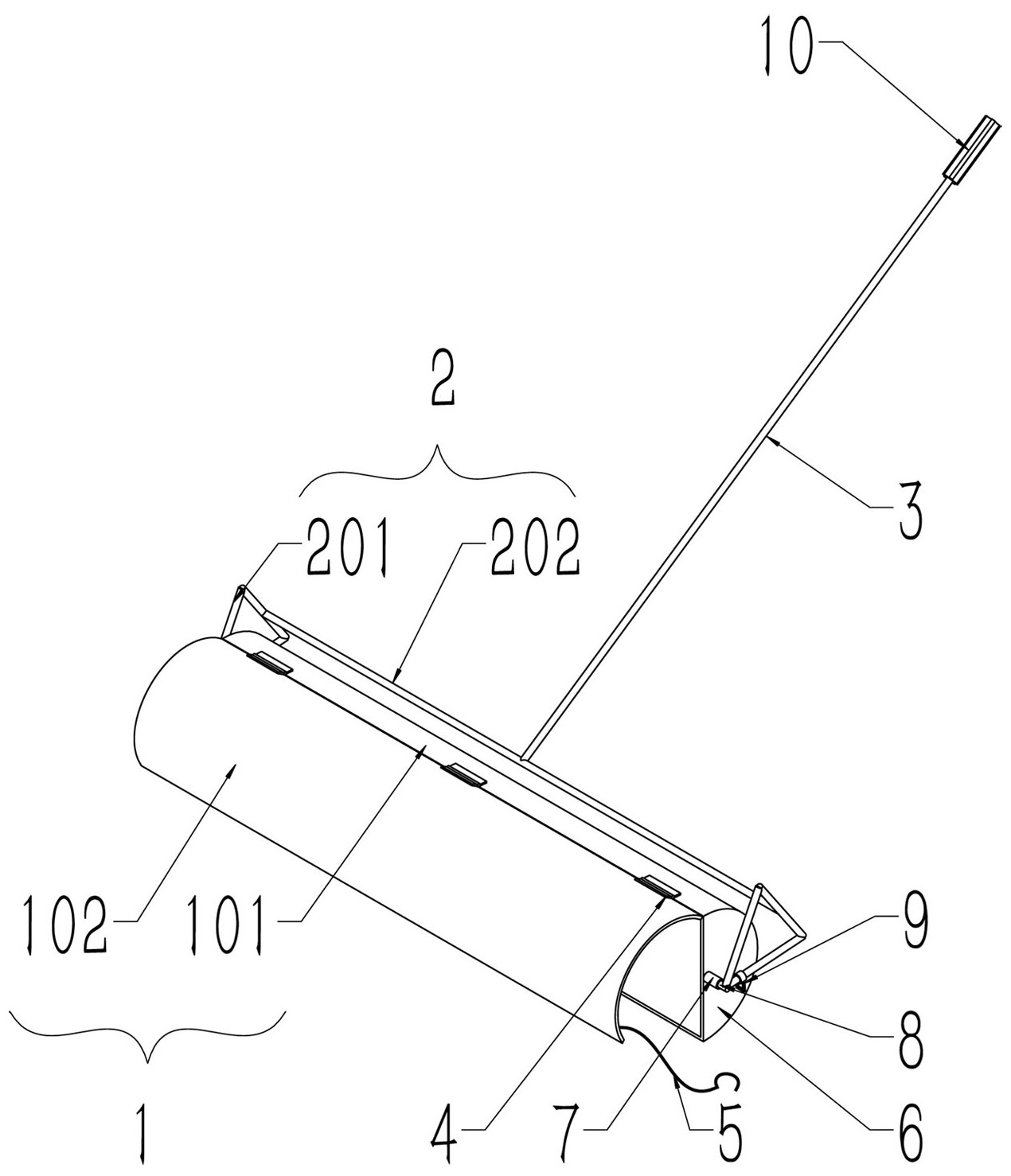 本實用新型提出一種用於土工布鋪設的工具,包括鋪設滾筒,支架以及推杆