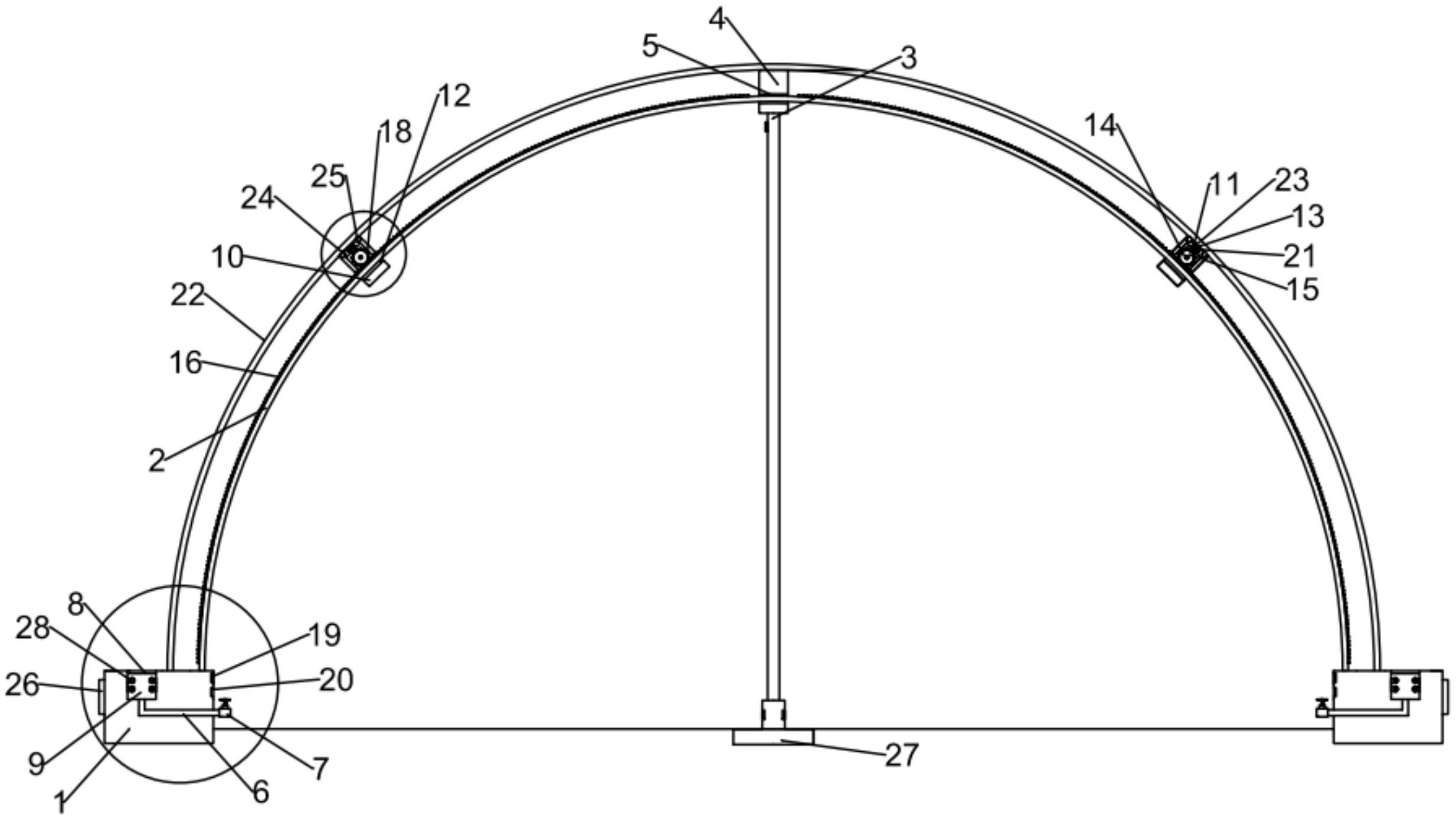 本实用新型公开了一种农业温室大棚骨架,包括:一对结构相同的底架台