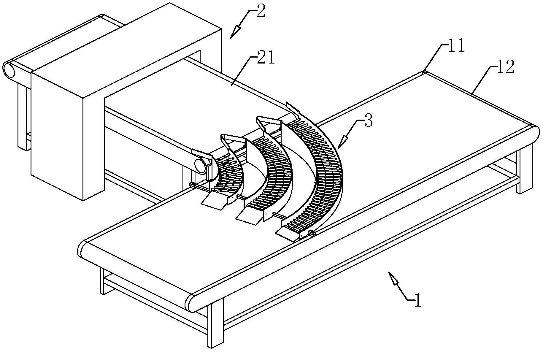 本申请涉及一种转弯输送装置,设置在皮带传送机上,所述皮带传送机包括