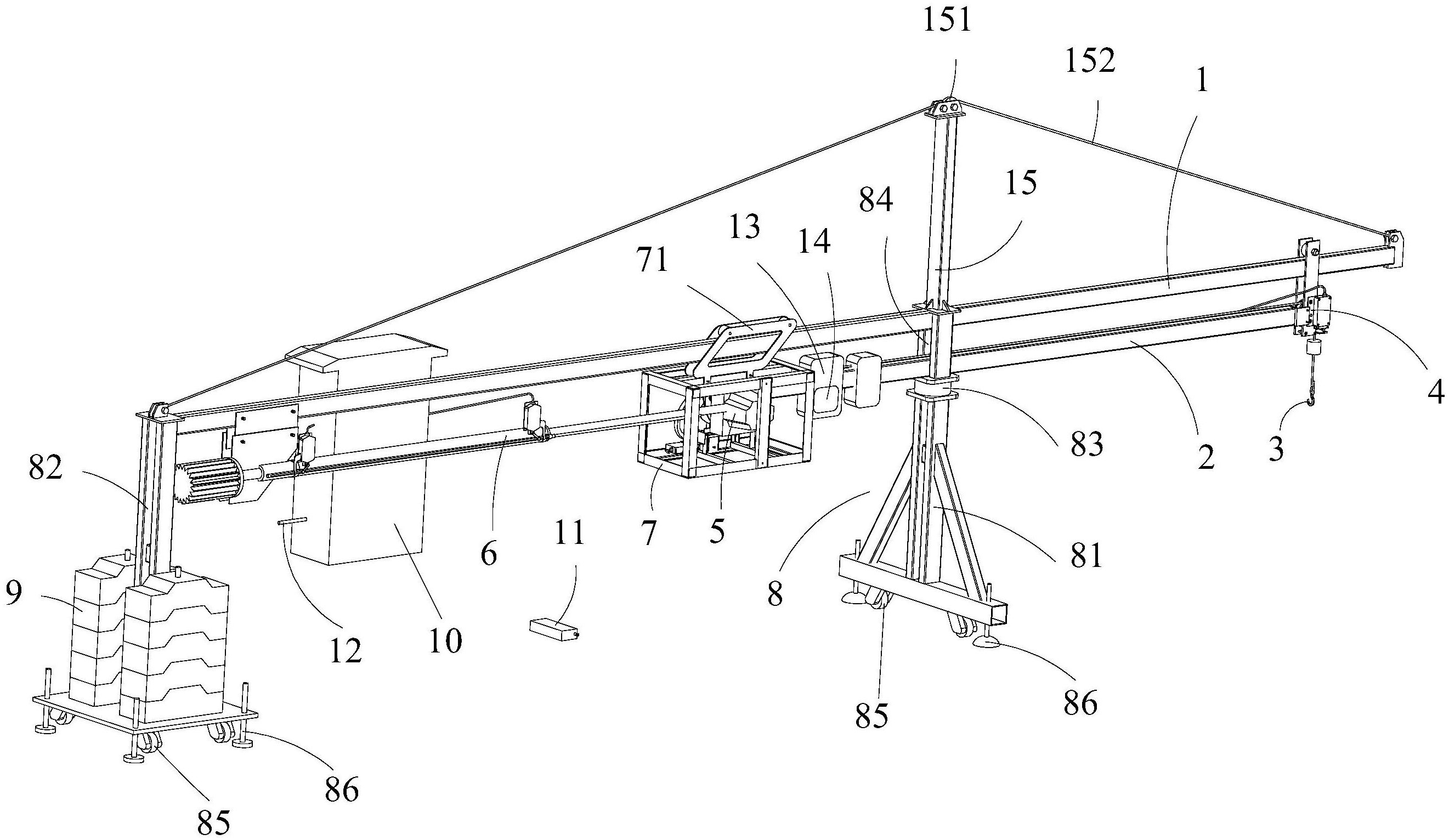 特别是一种层间吊机,包括水平设置的固定臂架;移动臂架,为刚性结构件