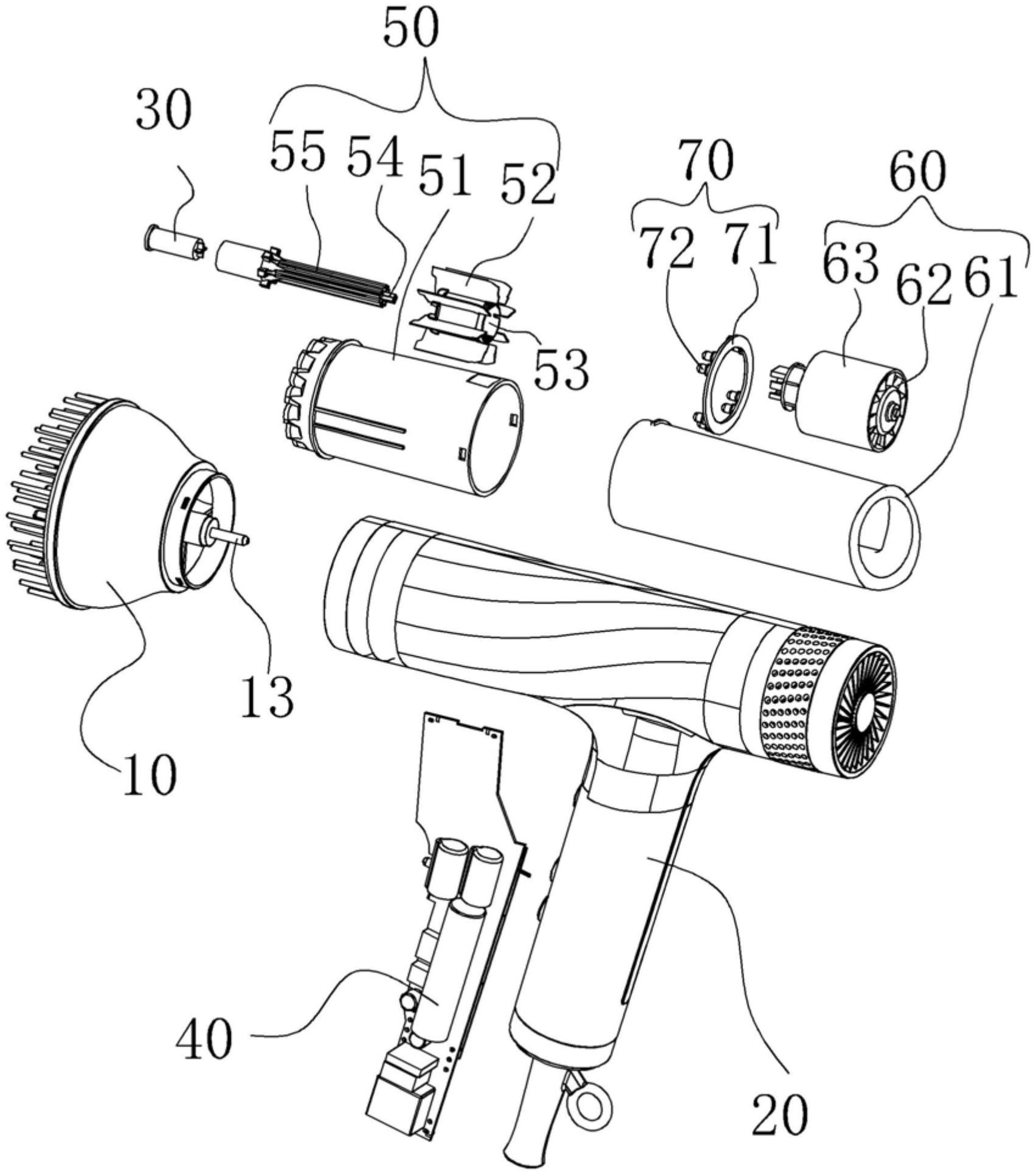 吹风头和红外组件,加热组件,红外组件和出风组件依次安装在壳体内