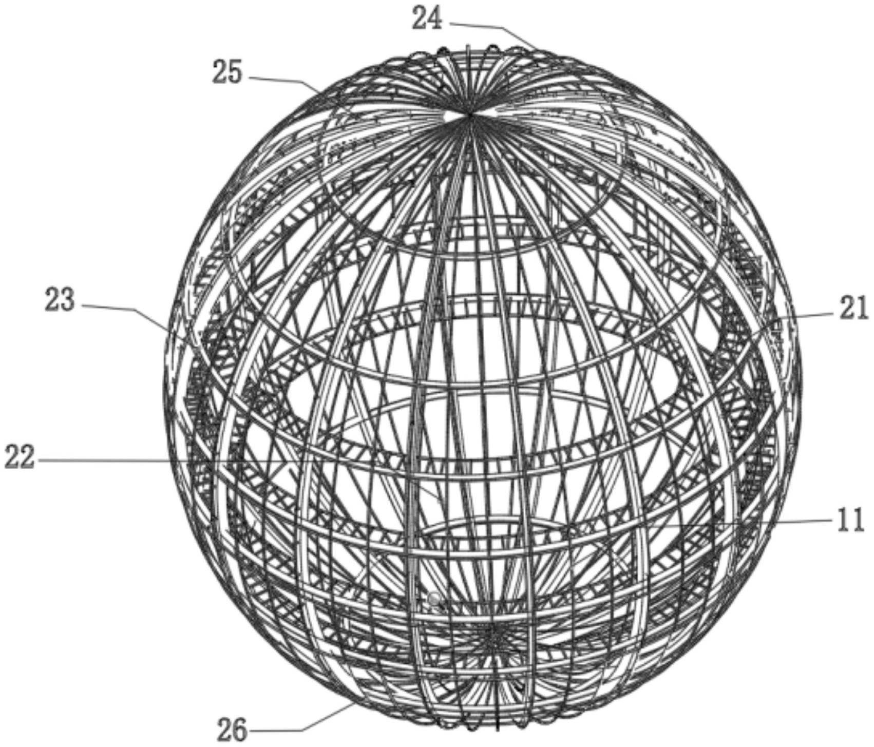 包括呈内球形的框架结构,设置在框架结构上的若干显示模块,一信号收发