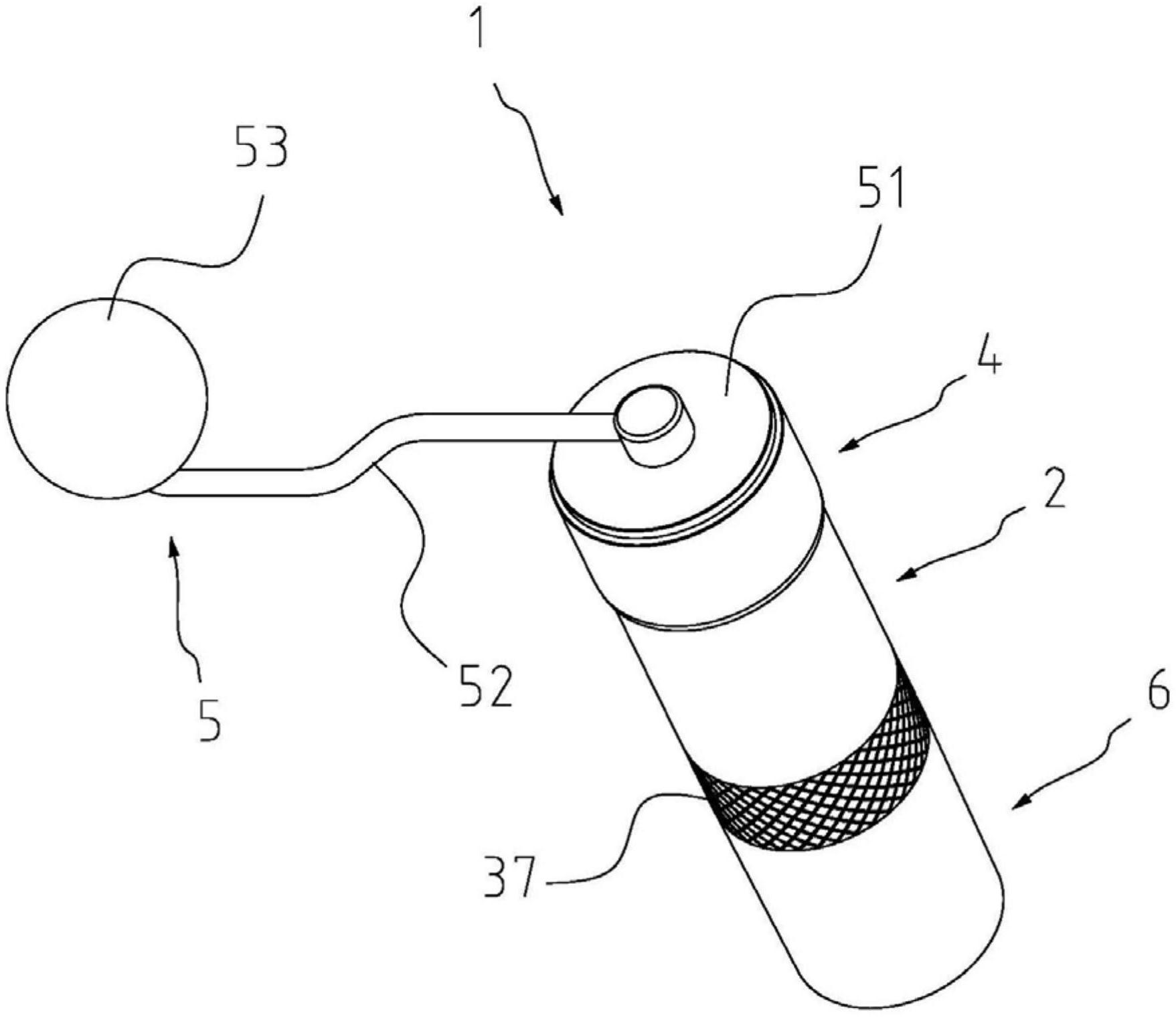 中空壳体;组装于该中空壳体的磨豆机构;及提供手摇动力至该磨豆机构的