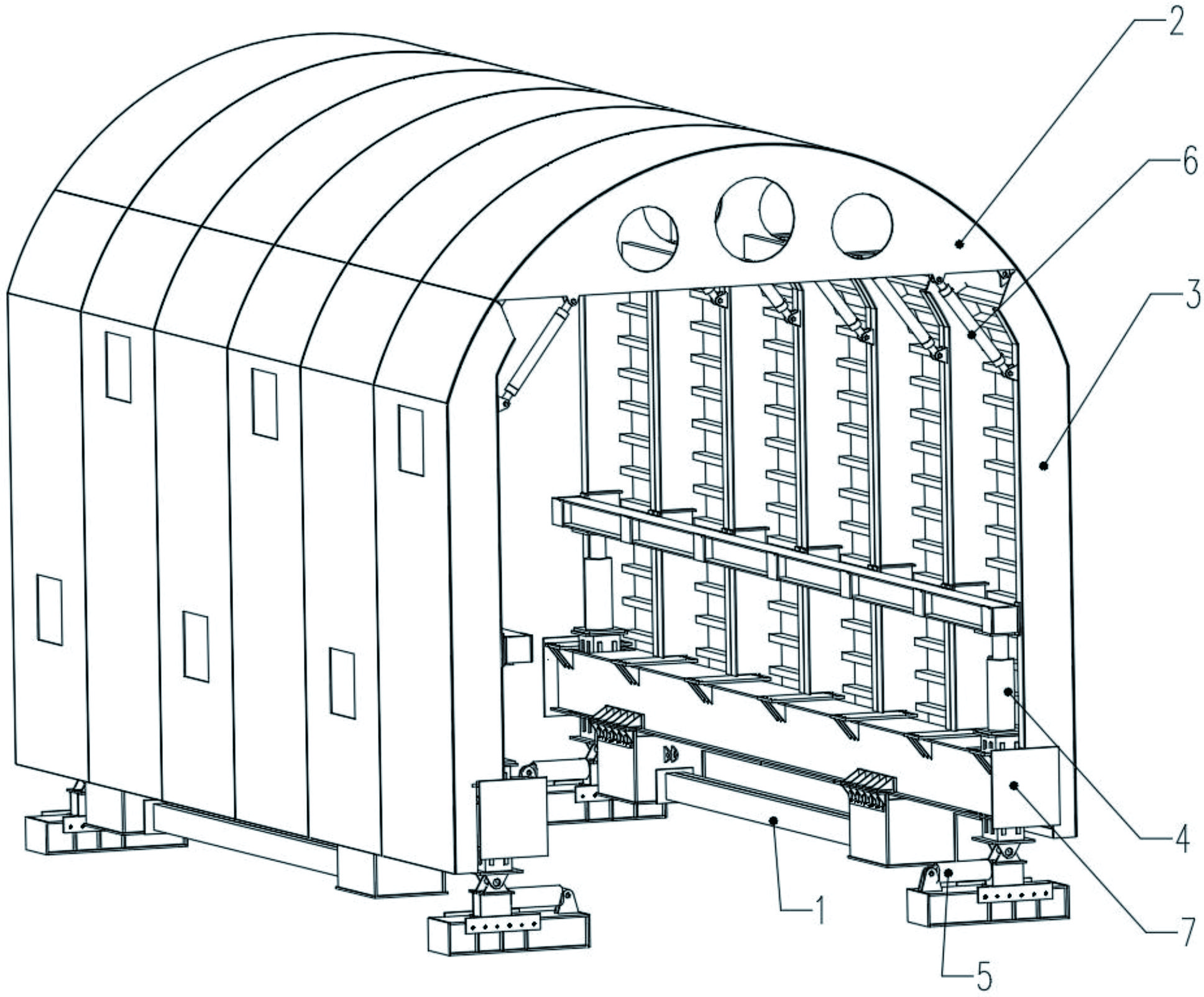 一种无门架式结构台车,涉及小断面隧道衬砌时超大及过车净空技术领域