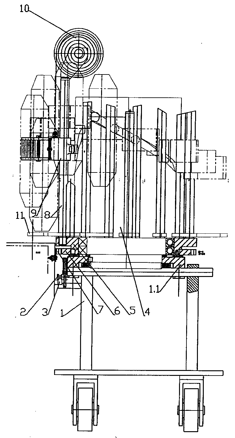 本实用新型涉及一种自动落纱锭机,它包括机架,台面,齿轮齿条机构,凸轮