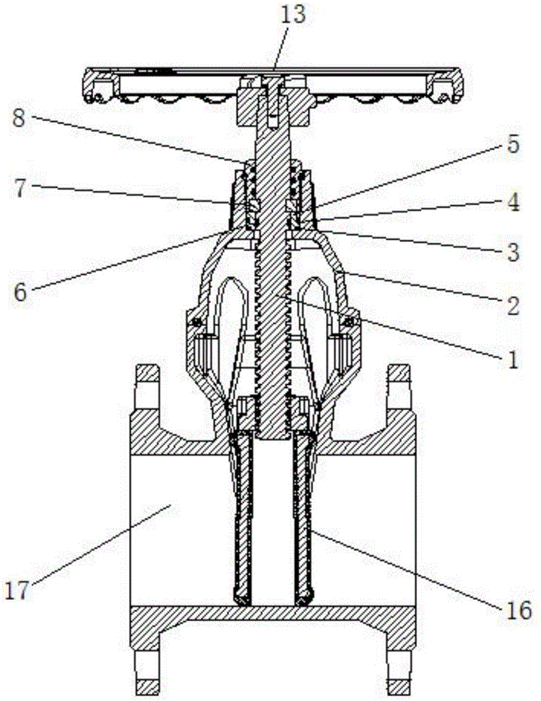 明杆软密封闸阀的上密封结构,包括支架,所述支架的顶部插接有阀杆螺母