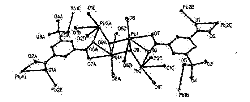 個鉛離子,兩個間苯二甲酸-5-磺酸陰離子,兩個氫氧根陰離子和兩個水分