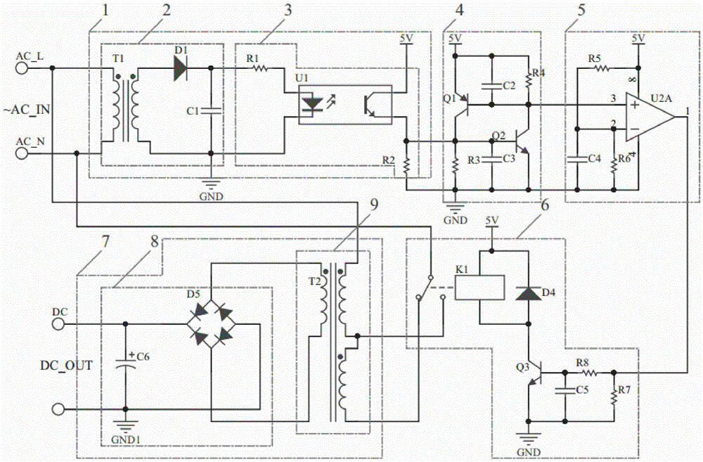 220v/110v交流电压自适应电路,包括电压识别电路,继电器控制电路,降压