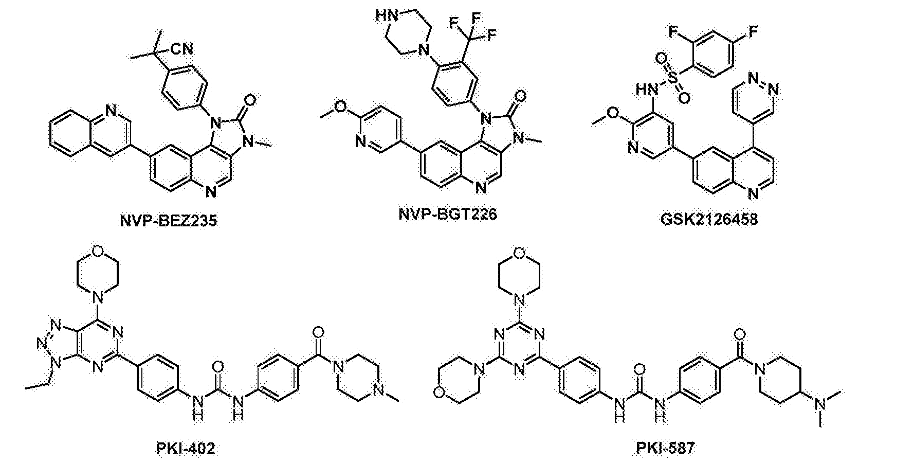 nvp-bez-235,nvp-bgt226,gsk2126458,pki-402和pki-587的结构如下式