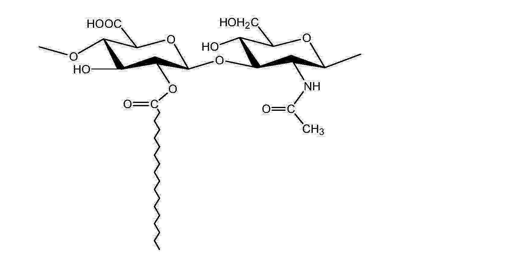 是透明質酸與硬脂酸反應,形成硬脂酸改性透明質酸,結構式如下:[0009]