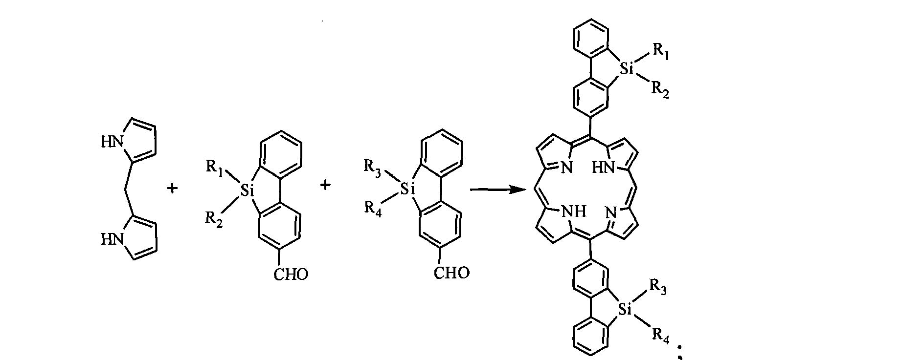 一个或多个c1-c32的烷基苯或烷氧基苯;反应式如下:的硅芴卟啉衍生物