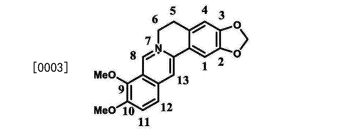 [0002] 小檗碱(化学结构如下所示),又名黄连素,是一种季胺类异喹啉